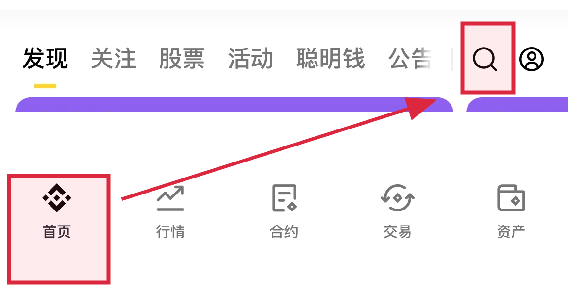 币安首页和右上角搜索入口均已用红框标出